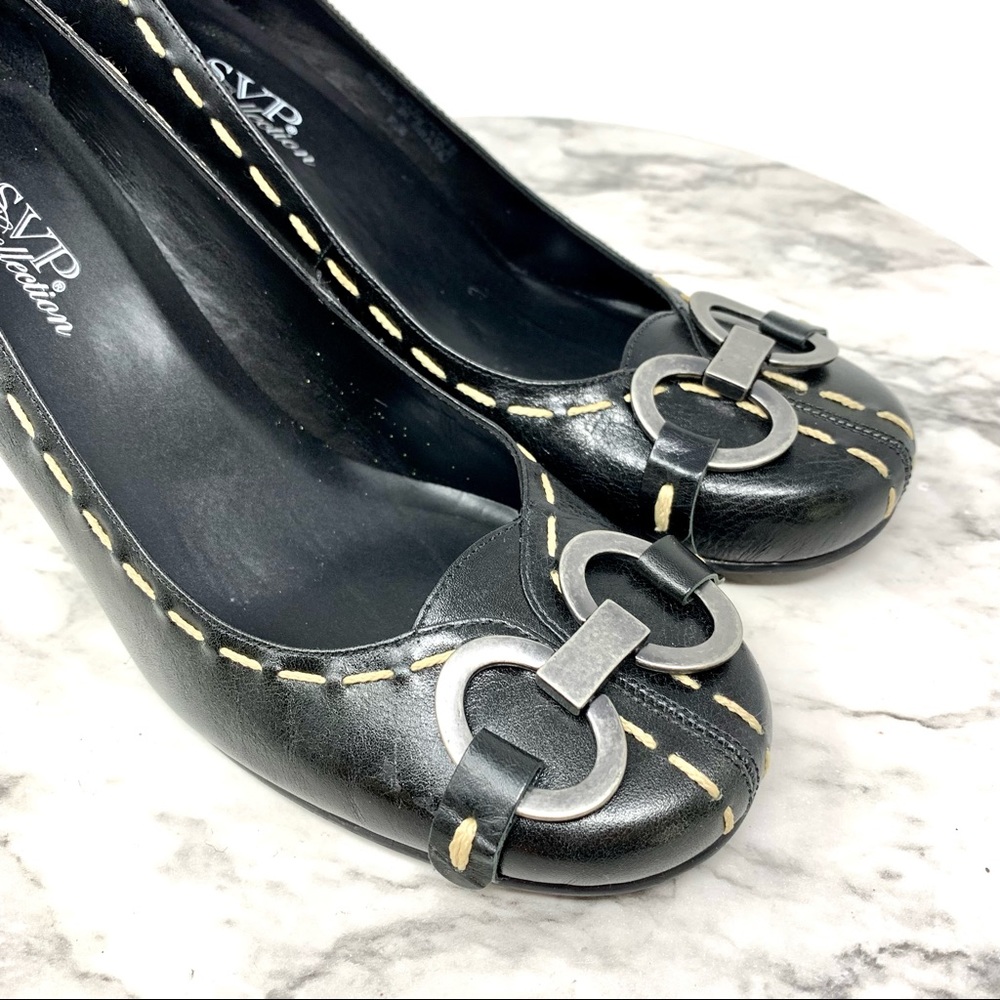 RSVP Collection Contrast Stitch Buckle hardware black leather pumps 9 classic - Picture 13 of 14